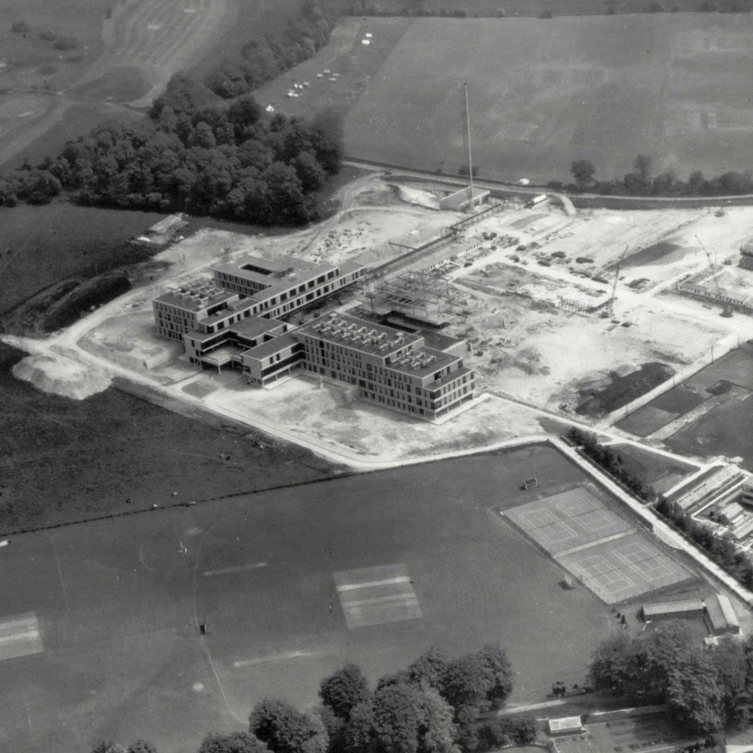 Black and white arial image of campus in late 60s
