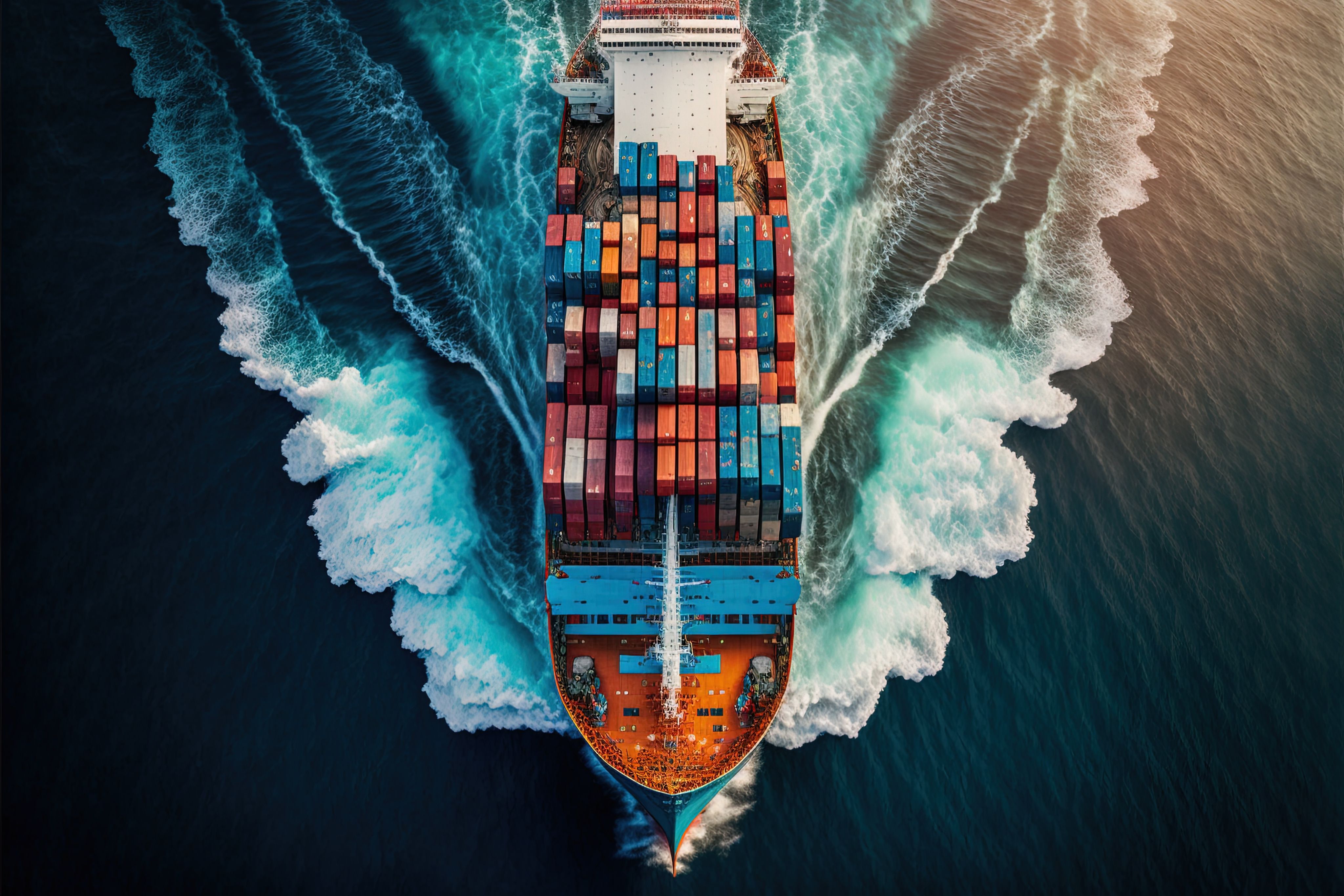 A container ship sailing through the sea, as seen from above deck